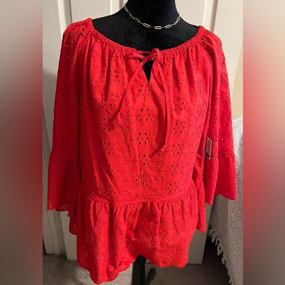 John Mark Tie Neck Eyelet Embroidery Hollow Out Top Red Bell Sleeve Size L NWT